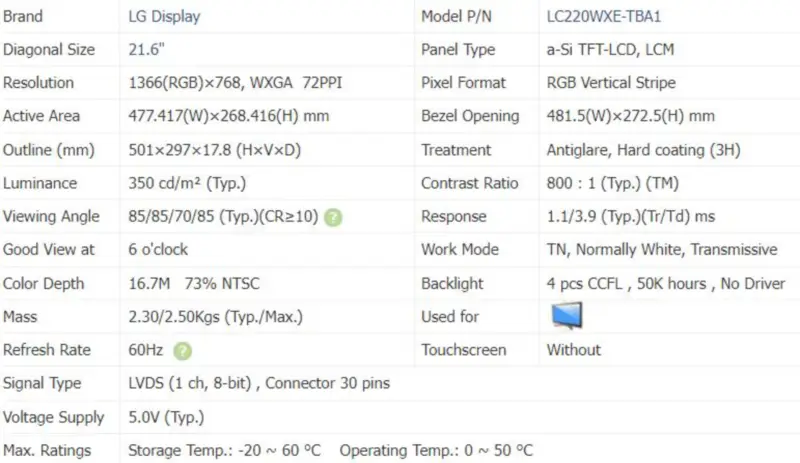 LG Display LC220WXE-TBA1 LCD