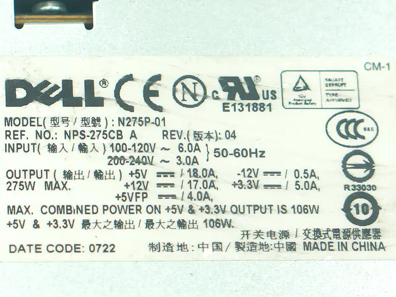 Bloc d'alimentation pour Dell 740 9100 5100 5500 275W N275P-01 N275P-00 H275P-00 H275P-01 B275AM-00 D275P-00 L275E-01
